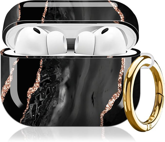 Compatible with AirPod Pro 3 (2025),Cute Case Cover for Women & Men, Full Protection Shockproof Hard Case with Keychain, Wireless Charging Case Accessories(Black Rose Gold Marble)