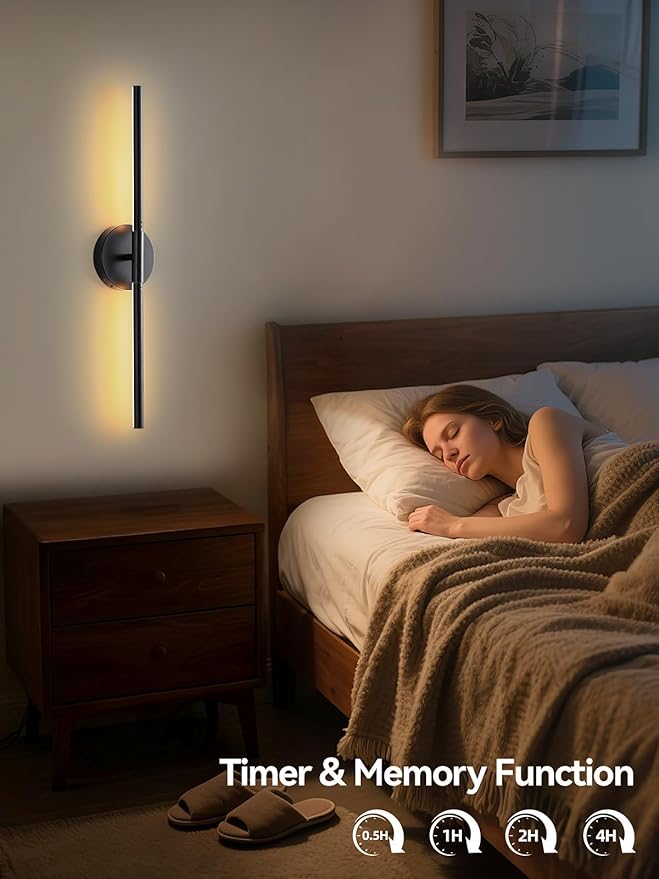Battery Operated Wall Sconce, Modern Wireless Wall Lights with Remote & Touch Control, 24 Inch Black Dimmable Rechargeable LED Wall Lamps with 3 Colors & Timer for Bedroom, Living Room, Hallway