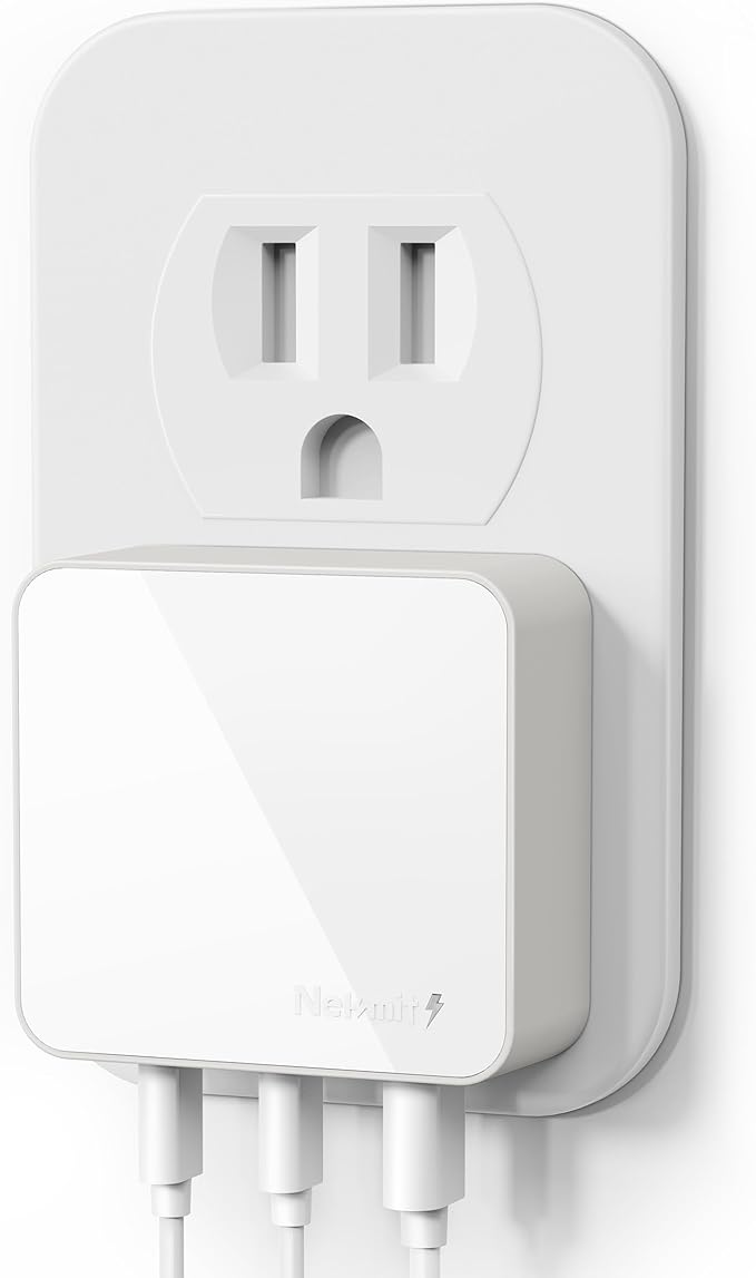 Nekmit 100W Flat USB C Charger Block, 3-Port GaN Fast Wall Charger(2*USB-C & 1*USB-A), USB C Wall Plug with Fixed Prongs for iPhone 17/16, MacBook Pro/Air, iPad, Galaxy and More (White, 100W)