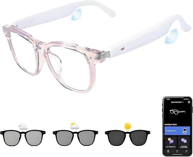 AI Smart Glasses, Anti Blue Light Bluetooth Translation Glasses with 164 Hands-Free Calls & Audio Multifunctional Smart Sunglasses for Men Women Travel Trade Business (KL01-White-Color-Change-Lens)