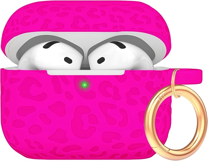 Engraved Leopard Case Compatible with AirPods 4th Generation Carving Cover with Keychain, Skin Soft Cover for Compatible with AirPods 4 Case Full Protection,Front LED Visible, Hot Pink