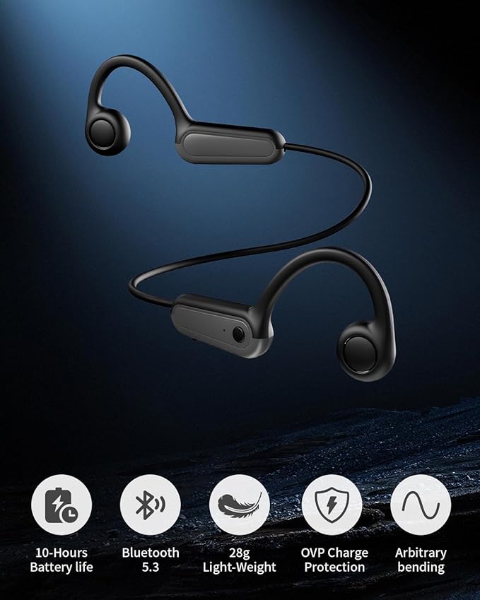 Wireless Bone Conduction Headphones,Bone Conduction Earbuds 10H Playtimes Sports Earphones with Mic,Open Ear Bluetooth 5.3 Headphones,Sweat Resistant Sports Headset for Running,Workout,Cycling Black
