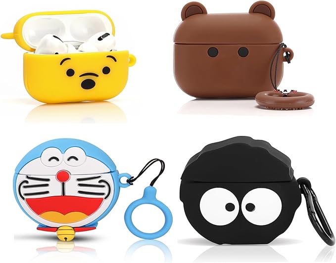 (4Pack) Case for AirPods Pro 2nd/1st Generation (2022/2019) with Carabiner, XMBYGY Cute Skin Design Silicone Cartoon Charging Case Protective Covers for Boys Girls (B+W+F+A)