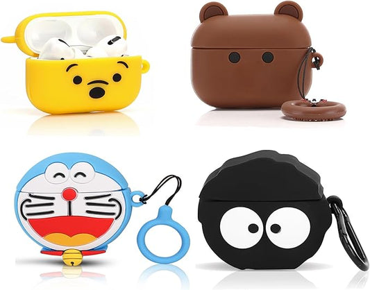 (4Pack) Case for AirPods Pro 2nd/1st Generation (2022/2019) with Carabiner, XMBYGY Cute Skin Design Silicone Cartoon Charging Case Protective Covers for Boys Girls (B+W+F+A)
