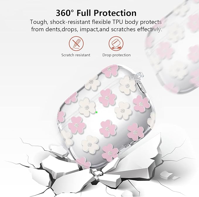 for Airpods Pro 3 Case Clear,Cute Pink Floral Design for Airpods Pro 3 Case Cover,Shockproof Soft TPU Skin Accessories with Girly Flower Keychain&Cleaning Pen for Women Girls-Crystal