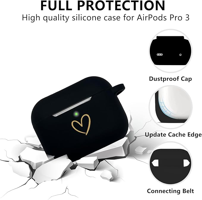 Compatible with AirPods Pro 3 Case Cover (2025), Soft Silicone Case with Gold Heart Pattern for AirPods Pro 3rd Generation Case with Rhinestone Studded Letter A-Z Keychain (T Black)