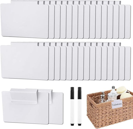 34 Pcs Basket Labels Clip on Set, Include 32 Kitchen Clip Label Holder Removable Storage Bin Labels with 2 Black Marker for Storage Bins Organization Box (White)