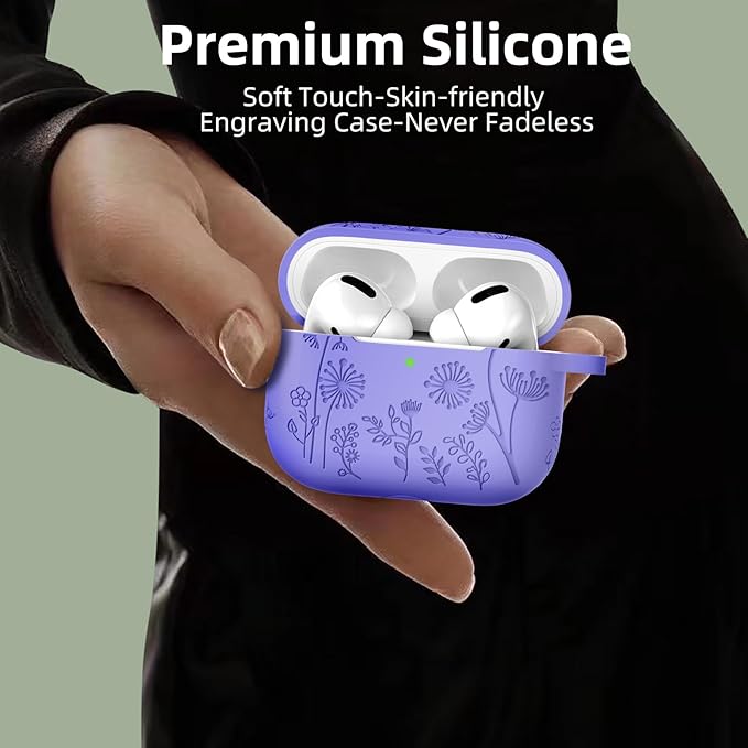 Lerobo Flower Engraved Cover for Airpods Pro 2nd 1st Generation Case USB C, Cute Soft Silicone Skin Full Protective Cover Compatible with Apple AirPods Pro/Pro 2 Case, Front LED Visible, Bluish Violet