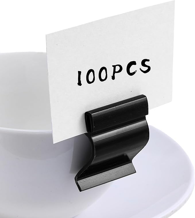 100 Pcs Black Sign Clip Food Tray Label Holder Plastic Buffet Food Label Clip Reusable Price Tag Tray Sign Holder for Bake Sale Gathering Retail Merchandise Display, Card and Bowl Not Included