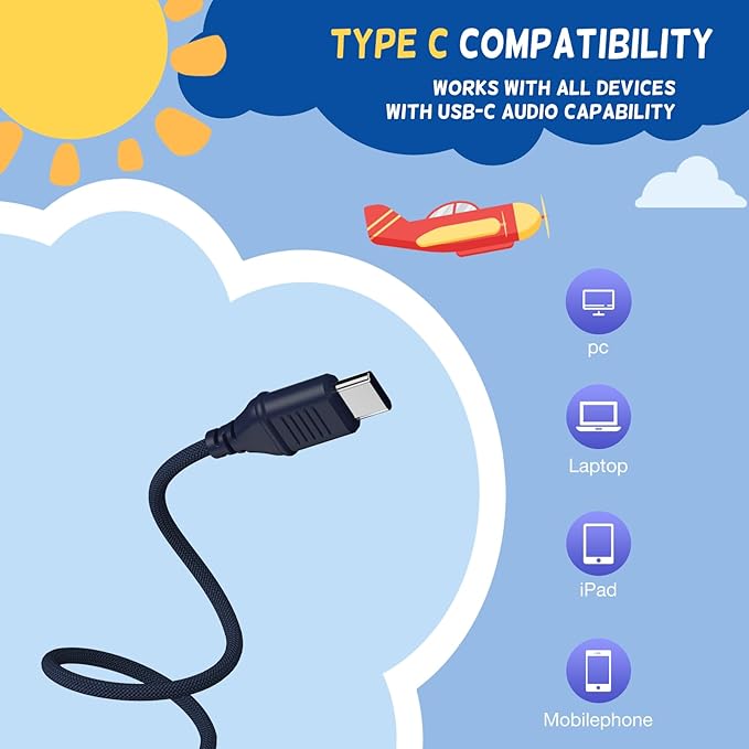 USB Type C Kids Headphones for School, Wired Toddler Headphones, 94dB Volume Limited, HD Stereo Sound, Foldable Lightweight On-Ear Wired Headphones for Kids/Children/Teens/Boys (Red Black)