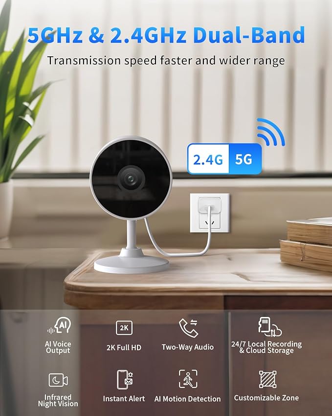 2K Indoor Security Camera for Home Security, AI Voice Change for 2-Way Talk, Motion Detection, Night Vision, 24/7 SD Recording/Cloud Storage, WiFi Home Camera (White)
