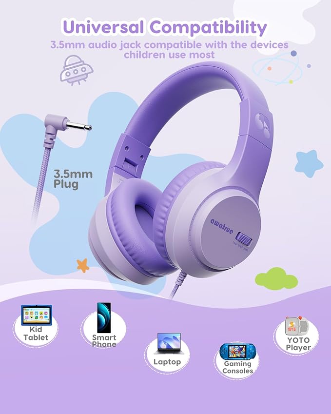 Kids Headphones, 74/85/94dB Volume Limiter, Foldable Wired Over Ear Headphones for Travel, 3.5mm Jack, Toddler Headphones for School, Chromebook, iPad, Tablet, Purple