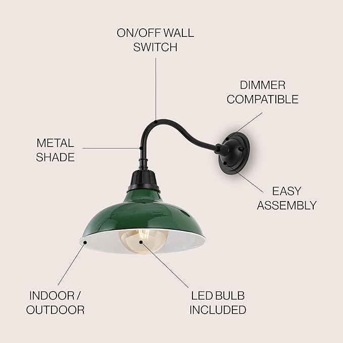JONATHAN Y JYL7613F Aurora 12.25" 1-Light Farmhouse Industrial Indoor/Outdoor Iron LED Gooseneck Arm Outdoor Sconce Metal Bowl Shade Vintage Cottage Rustic Porch Patio Yard Barn, Green