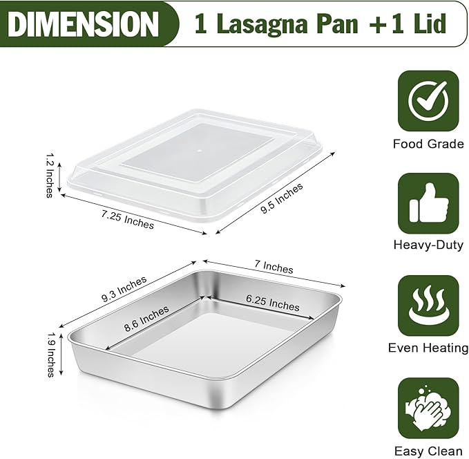 TeamFar Rectangular Cake Pan with Lid, 9.3’’ x 7’’ Stainless Steel Small Lasagna Baking Roasting Pan, Non-Toxic & Deep Side, Dishwasher Safe