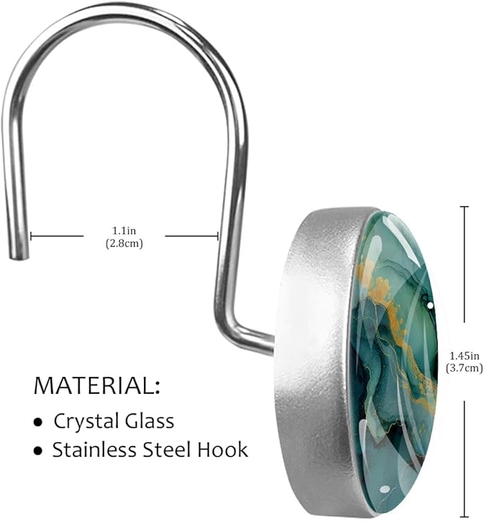 12 Packs Abstract Green Marble Shower Curtain Hooks, Crystal Glass Shower Curtain Rings for Bathroom, Rustproof Metal Curtain Rod Hooks