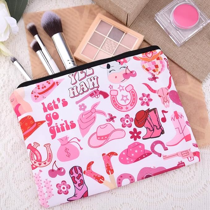 Lets Go Girls cosmetic Bag for Teens Cowgirls Country Girl Birthday Christmas Gifts for Women Girls Friend Bestie Sister Pink Western Makeup Bag Organizer Travel Pouch for Makeup Chargers