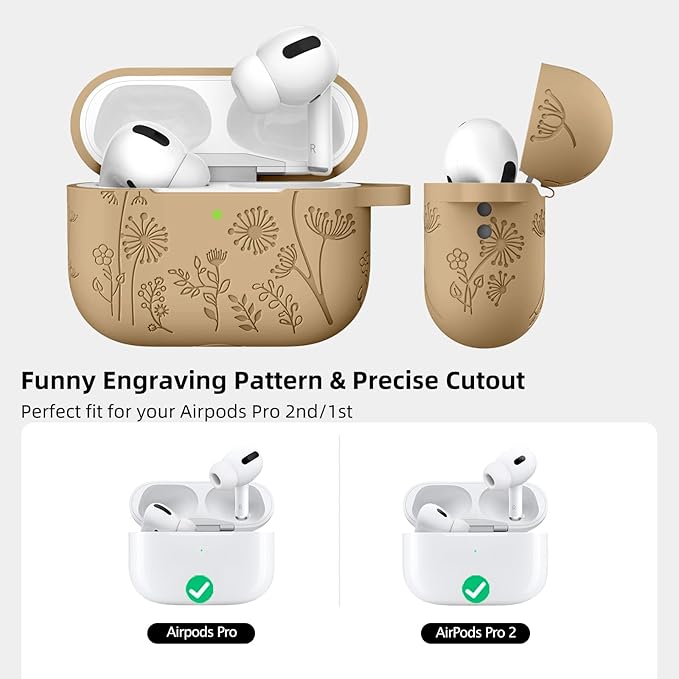 Lerobo for AirPods Pro 2nd/1st Gen Silicone Skin Cover - Cute, Flower Engraved, Full Protective Case Compatible with Apple AirPod Pro/Pro 2 - Front LED Visible, Milk Tea
