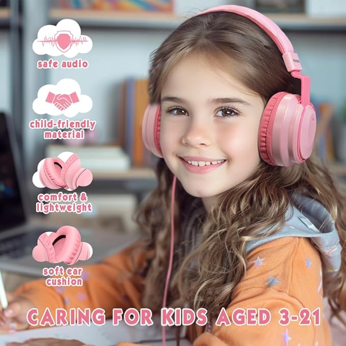 Headphone Kids Volume Limited 85/94dB Wired Over-Ear/On-Earr Foldable Headset with Inline Cable Aux 3.5mm Cord Mic for Toddler Boy Girl Child Back to School Study Pad Tablet Pink