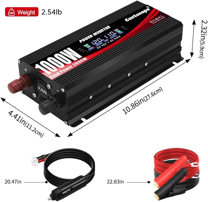 1000 Watt Power Inverter DC 12V to 110V/120V AC Car Inverter with LCD Display, 2 AC Outlets, 3.0A USB and 20W Type-C Car Charger for Vehicles Home Laptop Truck Black