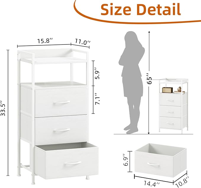 Somdot Nightstand with 3 Drawers, Dresser with Fabric Bins for Bedroom, Hallway, Entryway, Nightstand Bedside Table Furniture, Sturdy Steel Frame, Wooden Top, Easy Pull Fabric Bins, White Leather