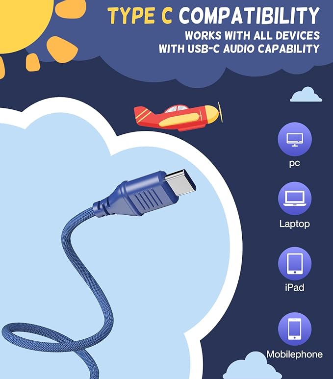 USB Type C Kids Headphones for School, Wired Toddler Headphones, 94dB Volume Limited, HD Stereo Sound, Foldable Lightweight On-Ear Wired Headphones for Kids/Children/Teens/Boys (Dark Blue)