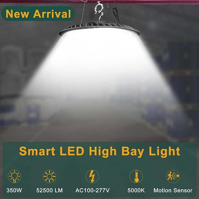 Smart 350W LED High Bay Light Motion Sensor, 48000lm (Eqv.1200W MH/HPS) Commercial Bay Lights AC100-277V High Bay LED Shop Light (Remote Buy Separately) 4Pack