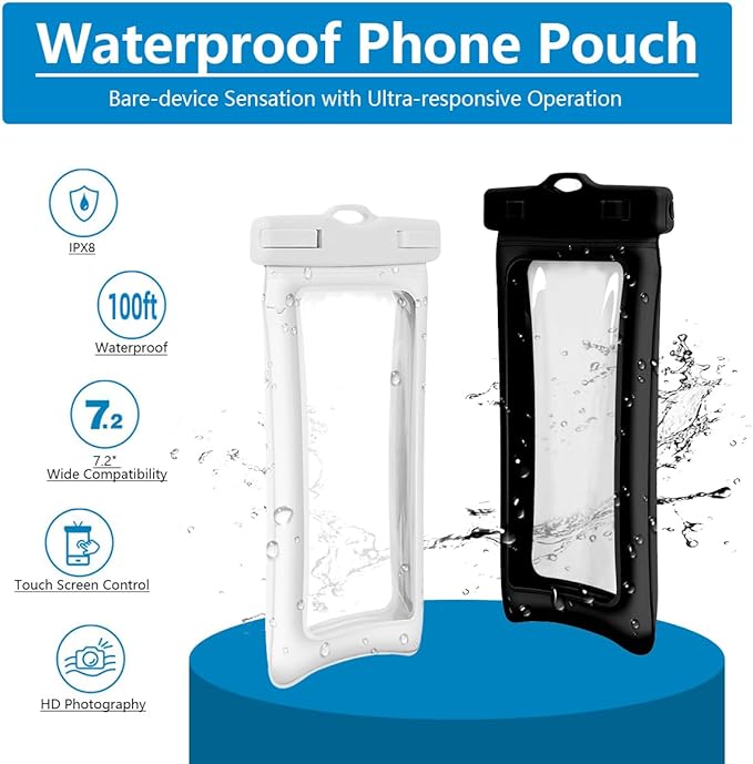 Floating Waterproof Phone Pouch, IPX8 Waterproof Phone Case with Lanyard, Dry Bag for Beach, Pool, Cruise Travel Essentials, Underwater Case for Snorkeling & Waterpark Black