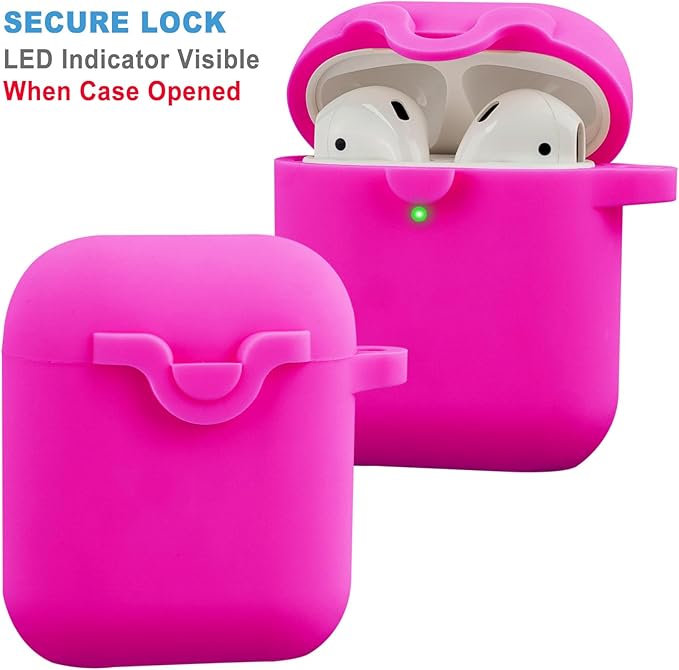 Secure Lock Silicone Case Compatible with AirPods 1 & 2, Bling Keychain, Soft Protective Earpod Case Cover, Women Girls for Apple Air Pod 2 - Hot Pink