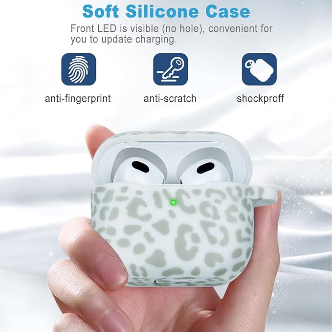 Silicone Leopard Compatible with AirPods 3 Case 2021, Gawnock Soft Case Compatible with AirPods 3rd Generation Floral Print Cover for Women Girls with Keychain (Light Green Leopard)