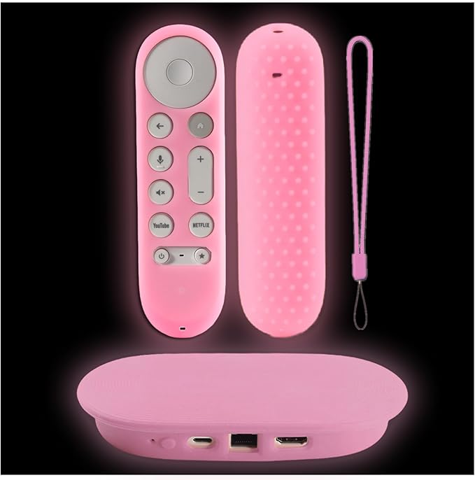 Protective Sleeve Set for Google TV Streamer 4K 2024 Chromecast Remote Case and Box Cover Glow in The Dark Glow Pink