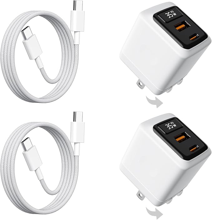 35W USB C Fast Charger 2-Pack, 2-Port Wall Charger with Cable & LED Display
