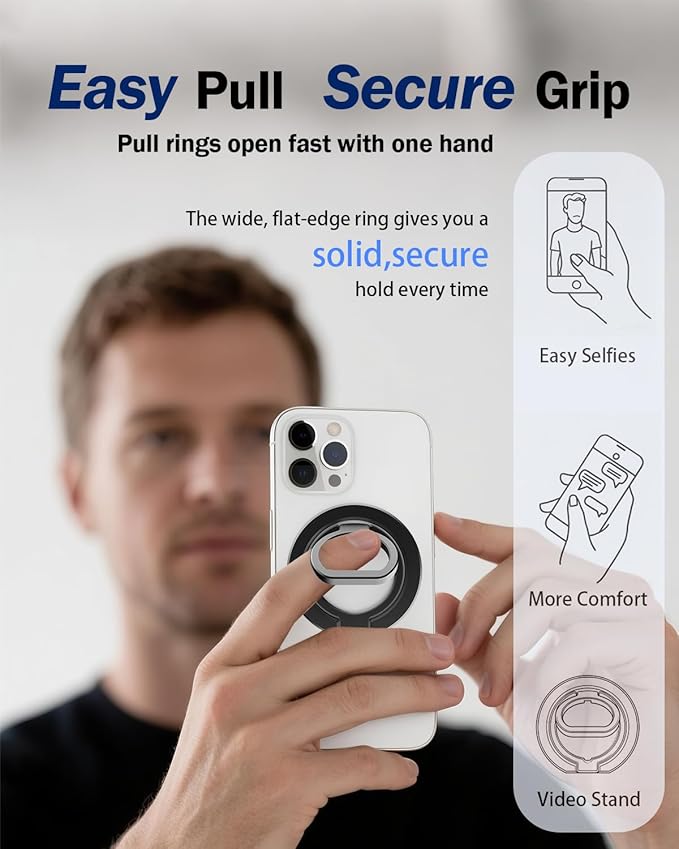Phone Grip for MagSafe,360°& 180°Rotation Magnetic Phone Ring Holder with Kickstand,Dual-Ring Thin Phone Stand for 17/16/15/14/13/12 Series-Black
