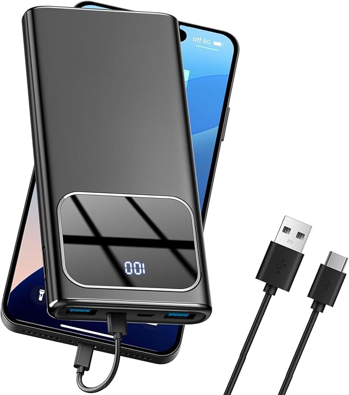 Power Bank, 10000mAh Portable Charger with PD 5A/3W Fast Charging, USB C in&out External Battery Pack, Portable Cell Phone Charger for iPhone 16 15 14 13 /ProMax/Pro/Plus Samsung S23 S22 Android Phone