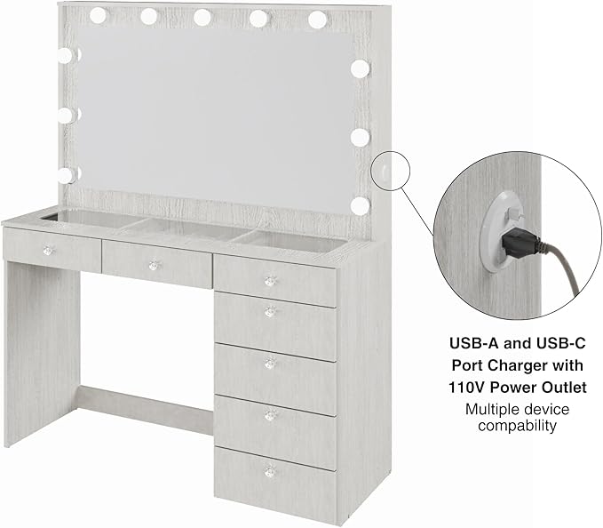 Boahaus Serena White Makeup Vanity with Mirror and 11 Lights, 7 Drawers, Glass Top, Crystal Knobs, USB-A & USB-C Ports, 110V Power Outlet, Bedroom Vanity Desk (Grey)