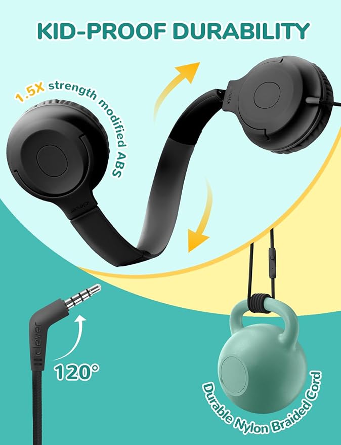 iClever Kids Headphones with Mic for School K-12, 85dBA Safe Volume, Tangle Free, 3.5mm Jack, HD Stereo, Swivel Folable Kids headphones with Cord for Classroom/Student/Tablets/Laptop, Bulk 5Pack Black