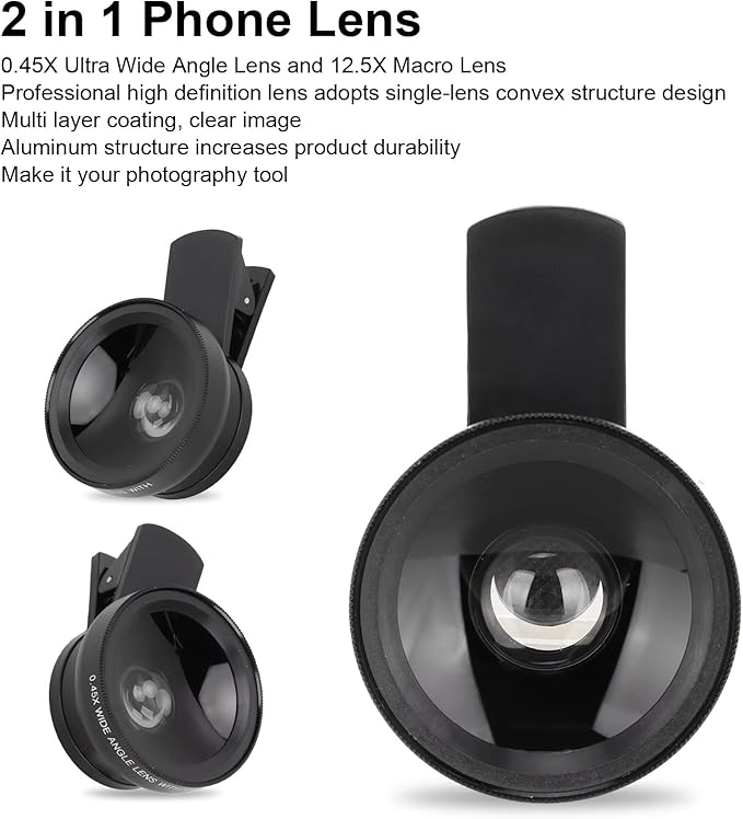 Phone Camera Lens Kit, 2 in 1 with 0.45X Ultra Wide Angle and 12.5X Macro Lens, HD Professional Universal Clip, with Travel Case, for Most Smartphones and Tablets, Black