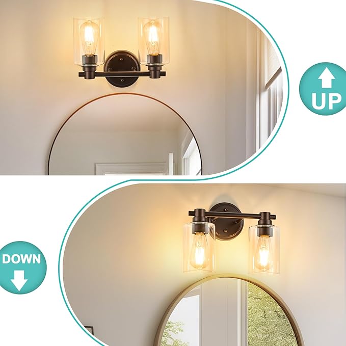 Bathroom Light Fixtures Wall Sconce Light with Clear Glass Oil Rubbed Bronze 2 Lights Bathroom Lighting Over Mirror Vanity Lights for Living Room,Bedroom,Restroom,Hallway E26 Base