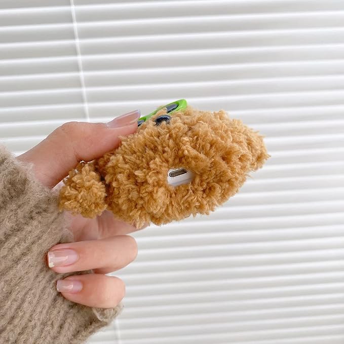 Yatchen Plush Case for AirPods 1&2,Kawaii Cute 3D Cartoon Fur Teddy Dog with Green Hat Sunglasses Funny Furry for Airpods 2nd 1st Generation Cover with Keychain Protector Women Girls