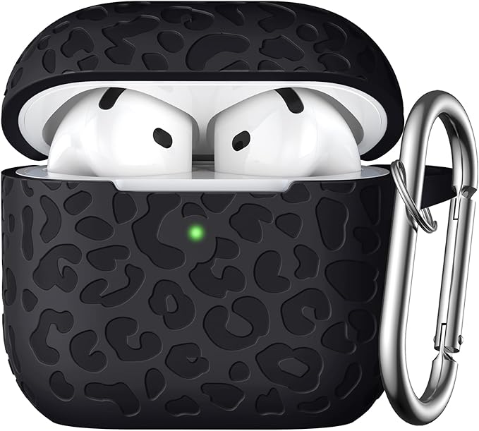 Leopard Engraved for AirPods 4 Case Cover 2024,Soft Silicone Protective Case Compatible with Apple AirPods 4th Generation Case for Women,Cute AirPod 4 Case Accessories with Keychain (Black)