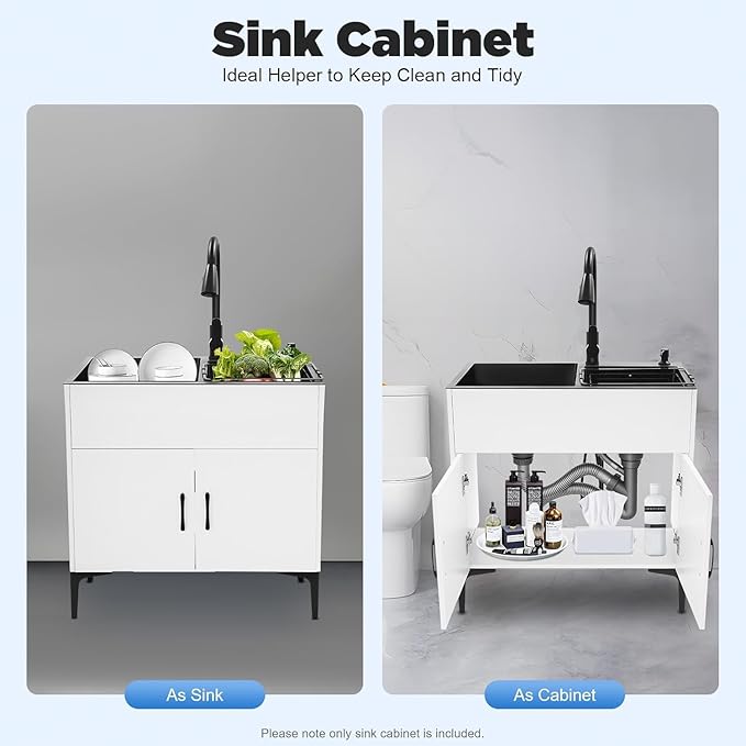 30-Inch Laundry Sink with Cabinet and Pull-Out Sprayer Faucet, Freestanding Kitchen Sink Cabinet with Stainless Steel Sink & Draining Basket, Wash Station Tub for Laundry & Utility Room, Bathroom