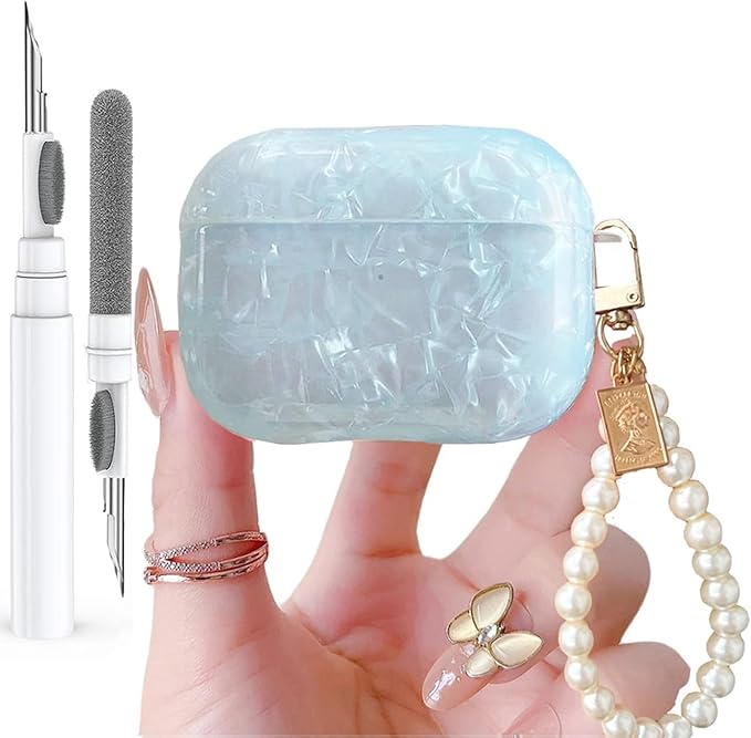 for Cute Glitter Airpods Pro/Pro 2 Gen Case with Cleaner Pen, Shell Pattern iPod Pro 2nd/1st Generation Cover Protective Skin Girl Women with Luxury Pearl Keychain 2023/2022/2019 - Blue