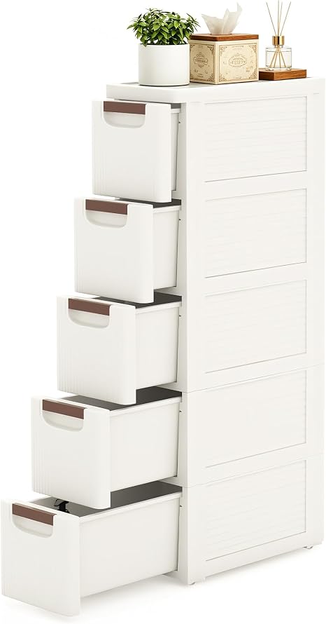Narrow Bathroom Storage Cabinet with 5 Drawers, 7.5-Inch Wide, White
