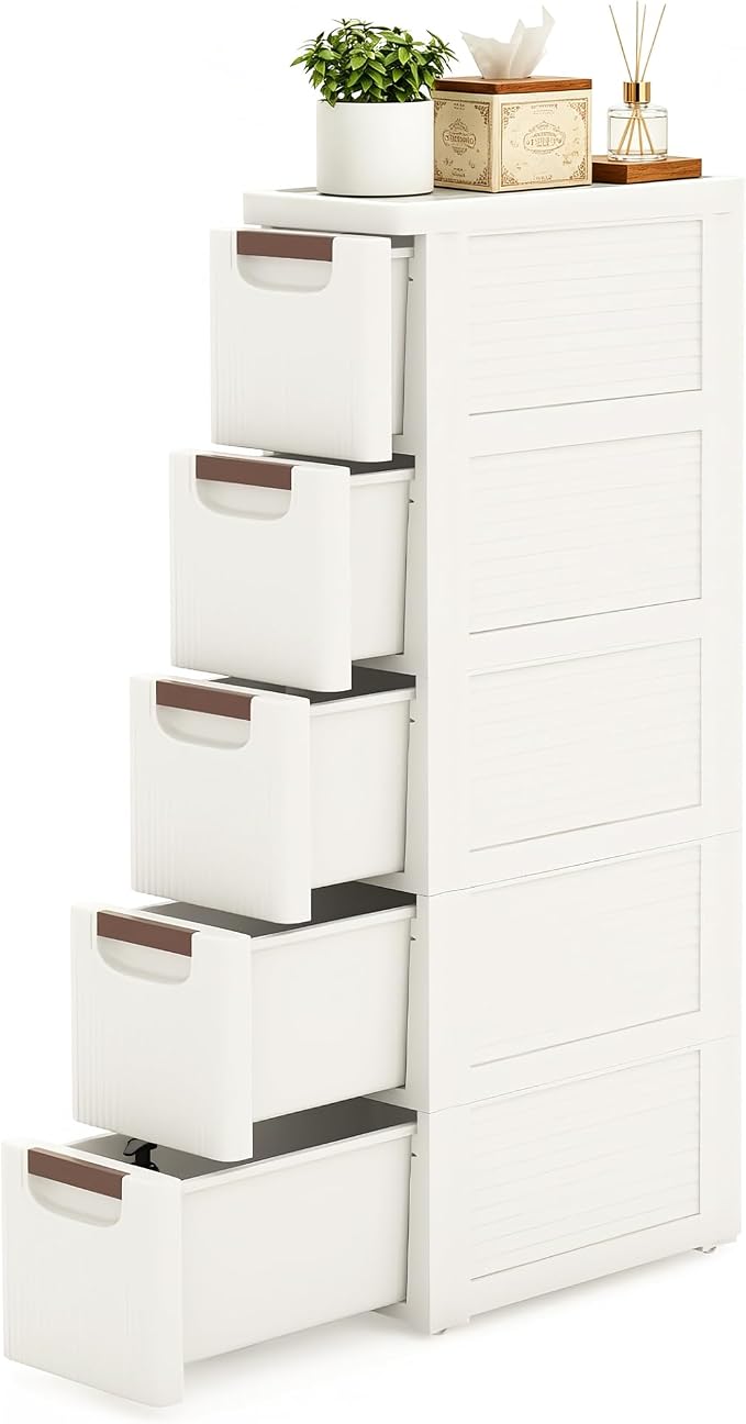 Narrow Bathroom Storage Cabinet with 5 Drawers, 7.5-Inch Wide, White