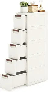 Narrow Bathroom Storage Cabinet with 5 Drawers, 7.5-Inch Wide, White