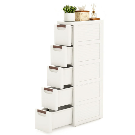5 Drawers Narrow Bathroom Storage Cabinet, Slim Storage Cabinet, Plastic Slim Storage Cart Drawers for Small Spaces, Laundry, Office, Home, White