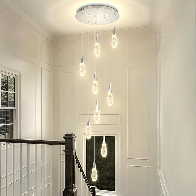 H98 Modern Chandelier for Stairway 9-Lights Crystal Raindrop Chandelier Chrome Pendant Light for Staircase Living Room Entryway LED Dimmable High Ceiling Chandeliers with Remote