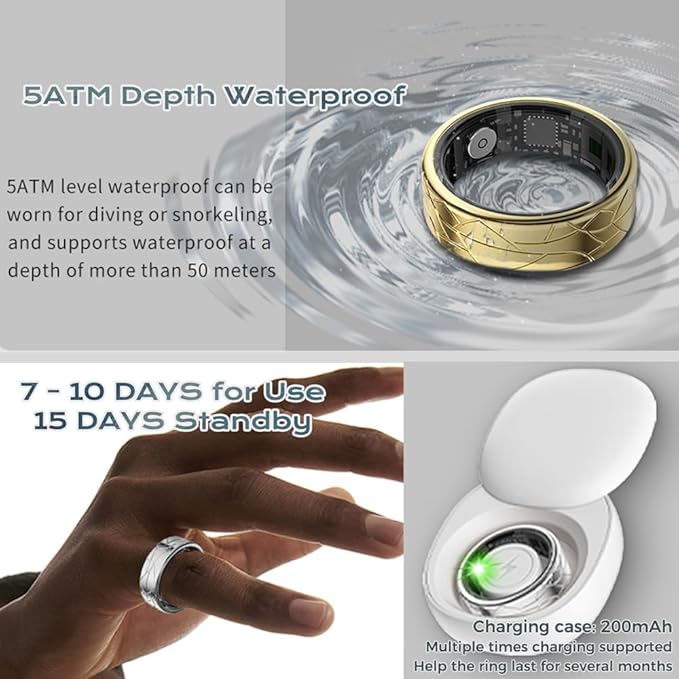 Smart Ring Fitness Tracker Sleep Tracking Heart Rate Monitor Pedometer, Waterproof Activity Tracker Fitness Ring Steps Counter, Gesture Controls for Short Video, 8 Days Last, Silver, #12
