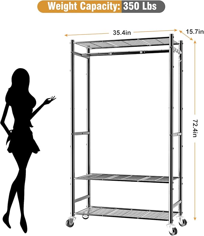 Rolling Clothes Rack for Hanging Clothes,Heavy Duty Garment Rack with 3 Tier Wire Shelves,Freestanding Portable Clothing Rack Wardrobe Rack, Black