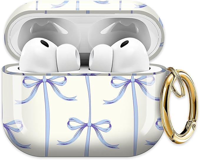 Cute Hard Case Compatible with AirPods Pro 3rd Generation Case (2025), Shockproof Protective Cover with Golden Keychain Ring Clip (Blue Bow)