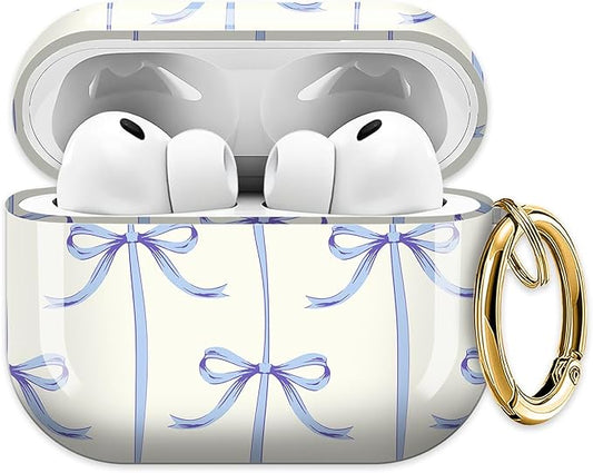 Cute Hard Case Compatible with AirPods Pro 3rd Generation Case (2025), Shockproof Protective Cover with Golden Keychain Ring Clip (Blue Bow)